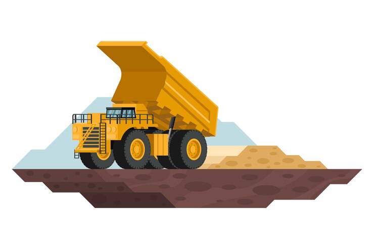 Vector mining truck unloading construction and mining waste with heavy machinery 3d