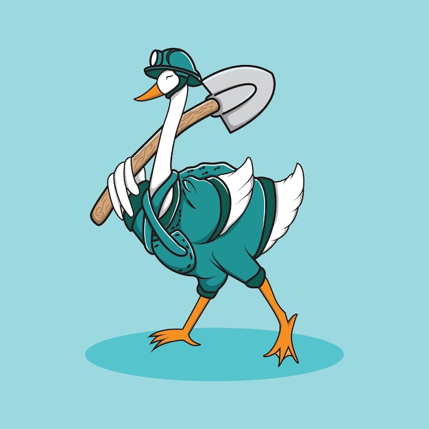 Mining worker goose character illustration on light blue theme