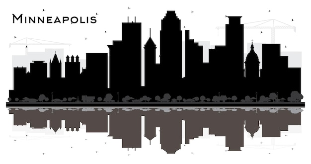 Silhouette dello skyline della città di minneapolis minnesota usa con edifici neri e riflessi isolati su bianco