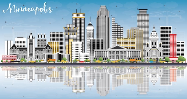 Vettore orizzonte di minneapolis minnesota usa con edifici di colore, cielo blu e riflessi. illustrazione di vettore. viaggi d'affari e concetto di turismo con architettura moderna.