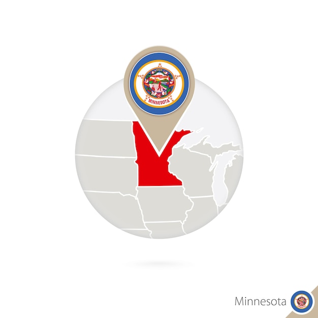 Minnesota US State map and flag in circle. Map of Minnesota, Minnesota flag pin. Map of Minnesota in the style of the globe. Vector Illustration.