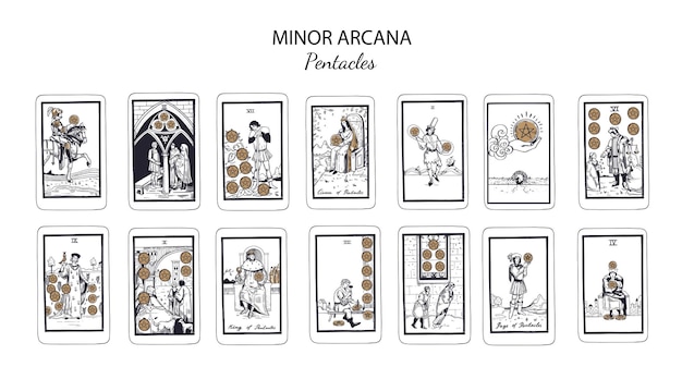 Minor arcana pentacles vector tarot cards set