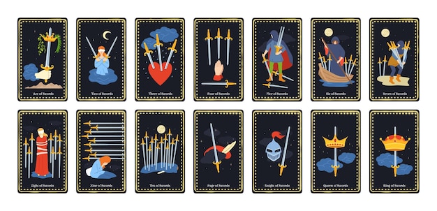 Minor arcana swords tarot cards occult king queen knight page and ace of swords esoteric card deck for prediction vector illustrations