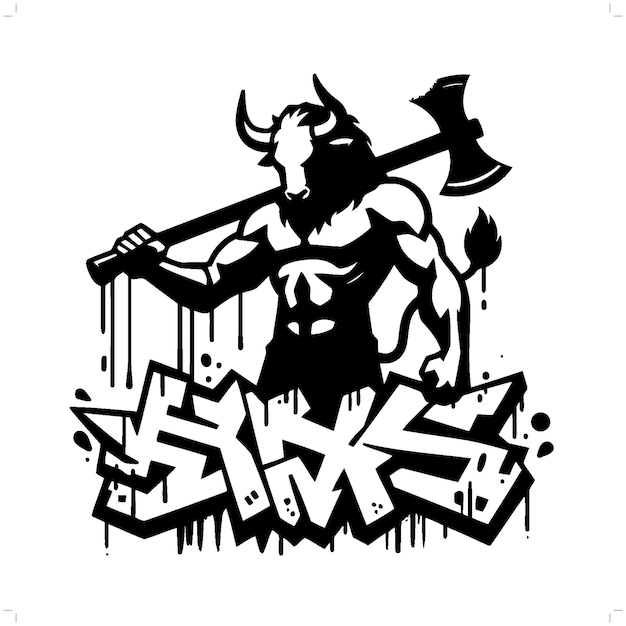 Vector minotaur mythology creature silhouette graffiti tag hip hop street art typography illustration