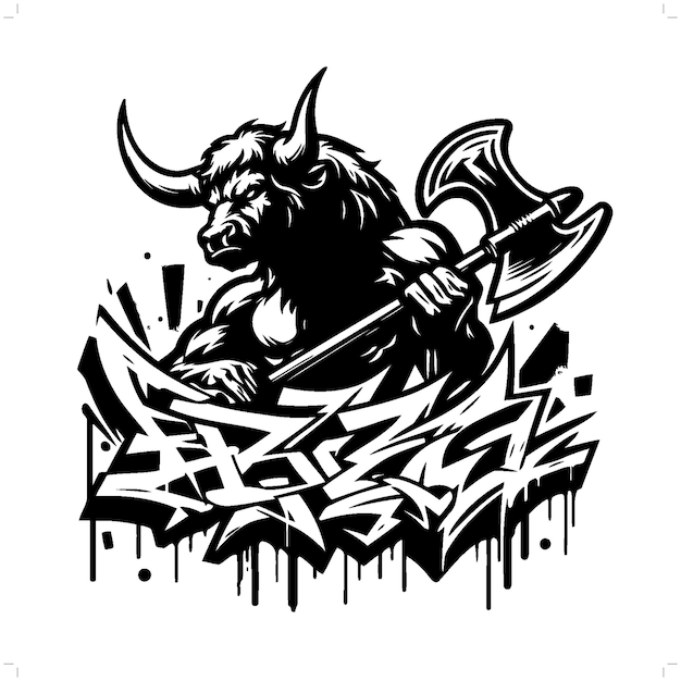 Vector minotaur mythology creature silhouette graffiti tag hip hop street art typography illustration