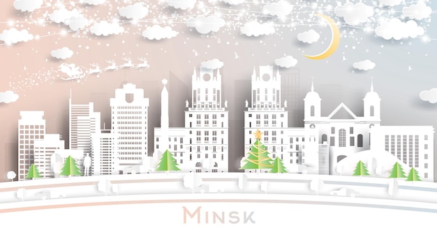 Minsk Belarus City Skyline in Paper Cut Style with Snowflakes Moon and Neon Garland