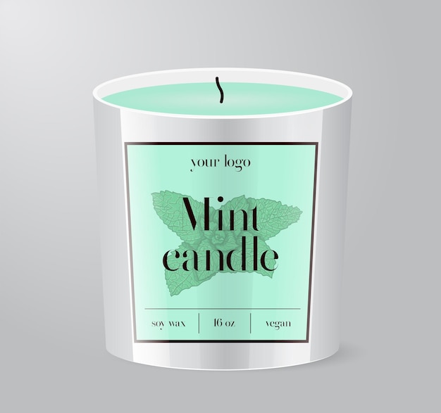 Mint candle label template glass cup packaging isolated