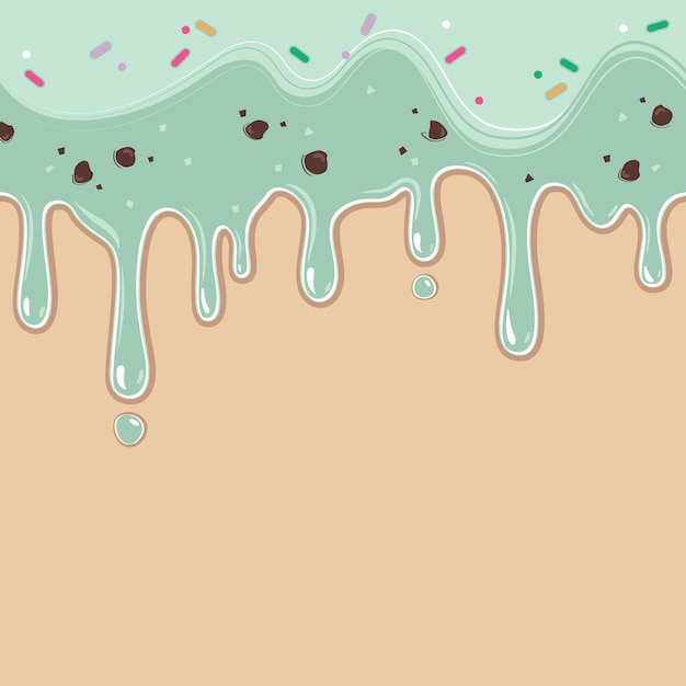 Vector mint chocolate chip ice cream melted with colorful candy sprinkles, banner, poster, background