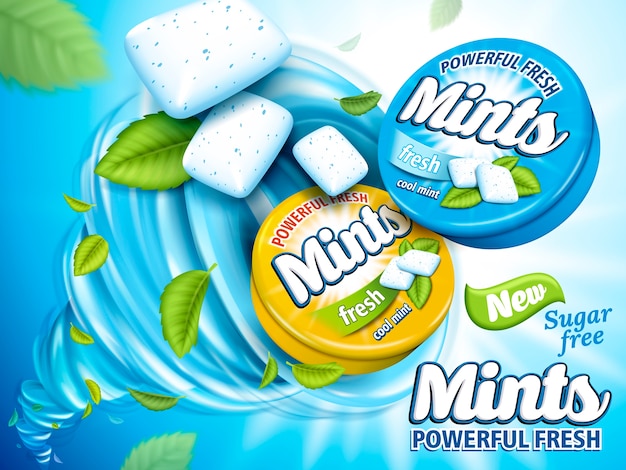 Mint flavor gum contained in blue and yellow cases, light blue background, illustration