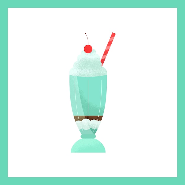 Mint Milkshake with Ice Cream Cherry and Straw Vector Texture Illustration