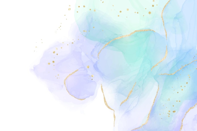 ベクトル ミント、バイオレット、ターコイズの液体水彩画の背景に金色のキラキラブラシストロークとライン。金色の染みが付いたエレガントな流動大理石アルコールインク描画効果。結婚式のベクトルイラスト。