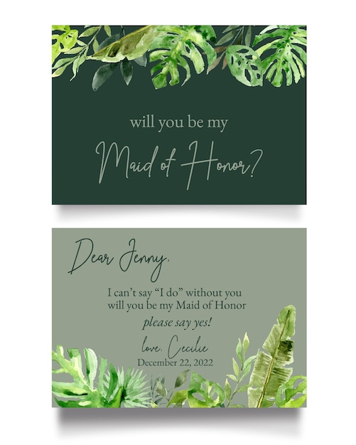 Minty green tropical leaves watercolor wedding maid of honor or bridesmaid invitation