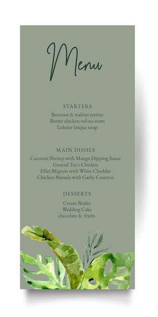 Minty green tropical leaves watercolor wedding menu catalog