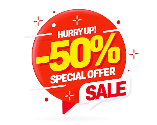Minus 50 percent off sale special offer hurry up sticker