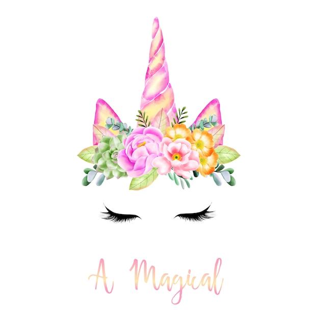 Unicorn horn in flowers and twigs wreath tiara illustration on cards  collection. Creative vector meme unicorn head with horn, flowers and quotes  phrase text. Follow Your Dreams, make a wish quote. Stock