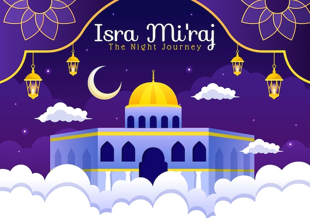 Miraj Isra Illustratie Vertaling De nachtelijke reis van de profeet Mohammed met moskee en lantaarn