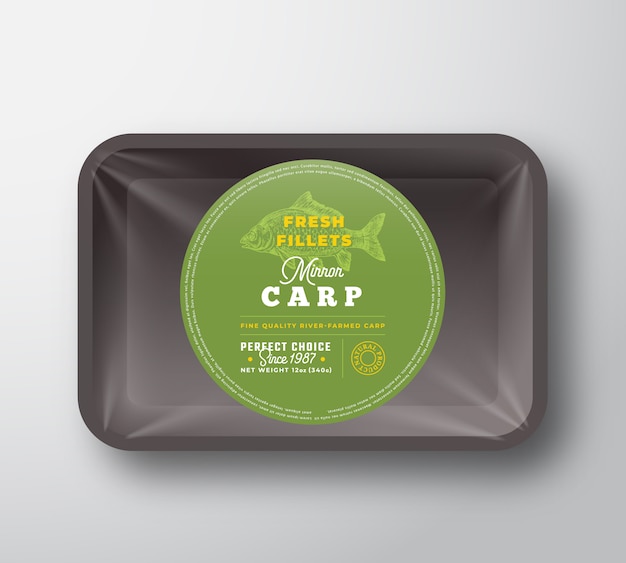 Mirror carp fillets. abstract vector fish plastic tray with cellophane cover packaging design