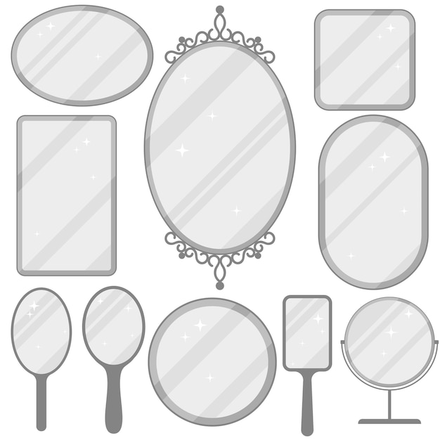 Mirror set, realistic mirrors frame collection, different forms with reflection, round, rectangular, ellipse.