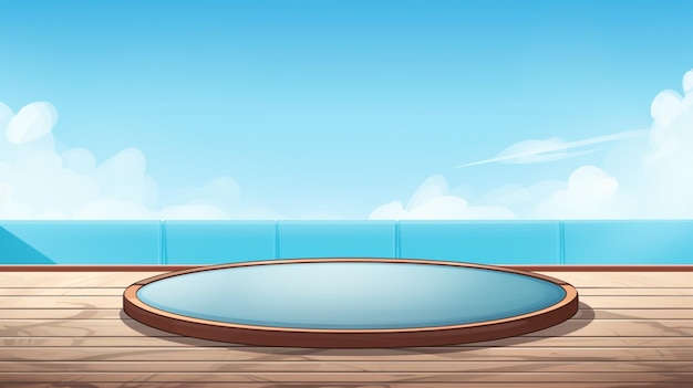 Vettore uno specchio su un tavolo di legno con un riflesso dell'oceano sullo sfondo
