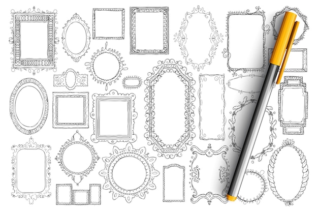 거울과 프레임 낙서 세트. 손의 컬렉션은 서로 다른 스타일과 고립 된 모양의 우아한 빈티지 거울을 그려.