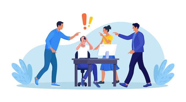 Misbruik of pesten van collega Mensen die de schuld geven aan een depressieve zakenman Werknemer die aan een bureau zit met een computer en documenten die zijn hoofd verbergen Werknemers die met de vinger wijzen en lachen Emotionele stress op het werk