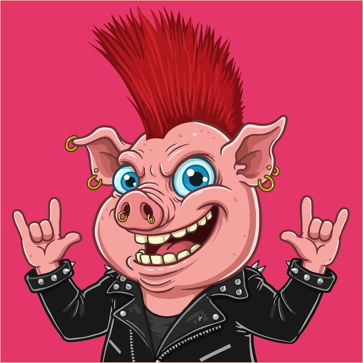 Vector a mischievous pig rocks out in a studded leather jacket sporting a bold red mohawk and playful hand gestures the pink background adds to the vibrant fun mood