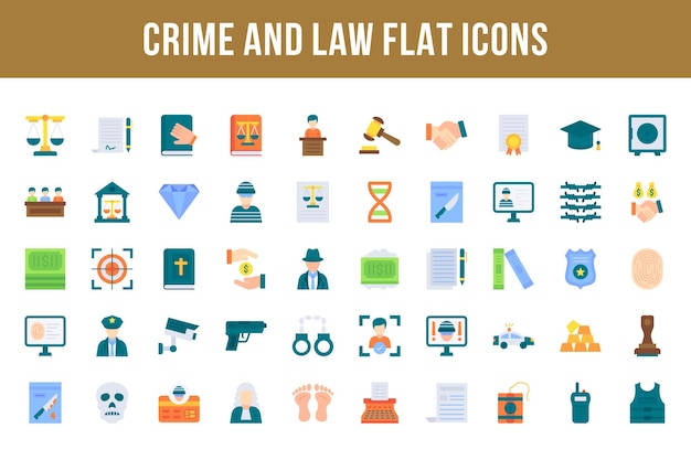 Misdaad en recht platte veelkleurige pictogrammen