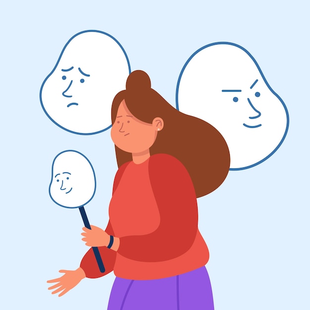 Miserable woman holding happy mask. Girl changing mood from negative to positive, faces or heads with different emotions, social conformity flat vector illustration. Personality, psychology concept