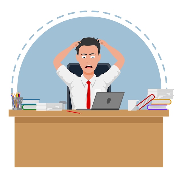 Mislukte en gestrest zakenman is moe om te werken aan de computer vector illustratie