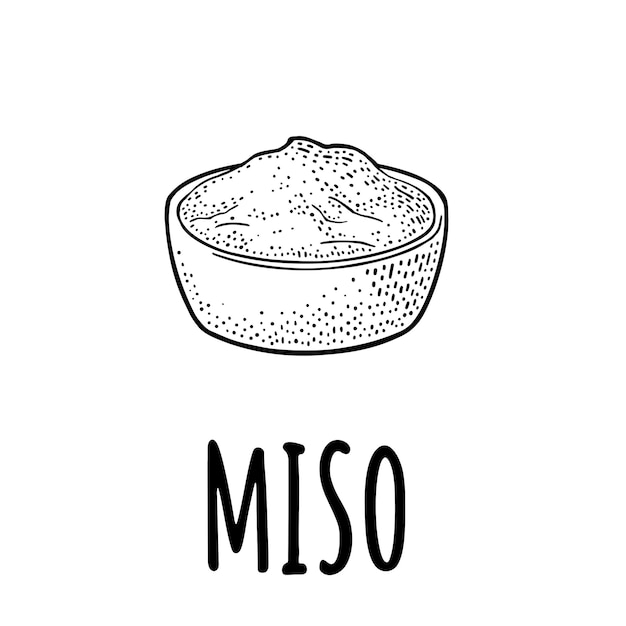 Miso Vector zwarte vintage gravure illustratie en handschrift belettering voor menu poster label geïsoleerd op een witte achtergrond