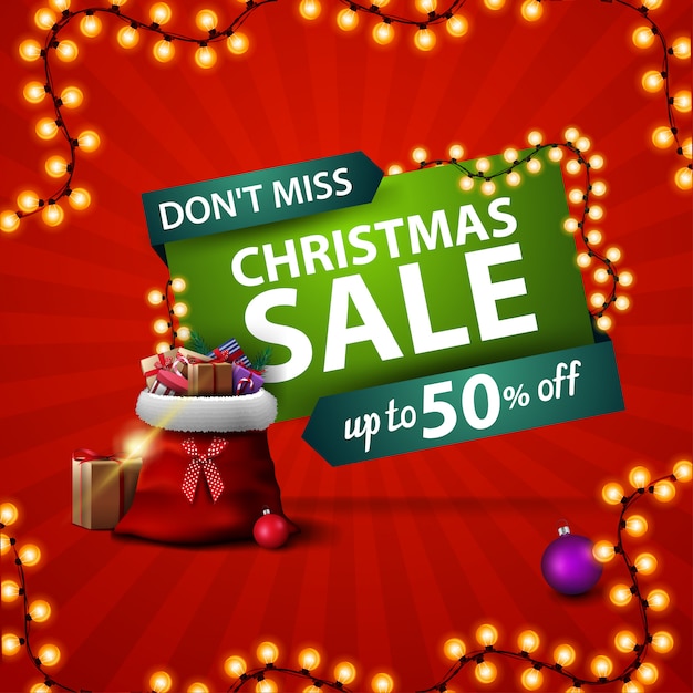 Don't miss, christmas sale, square red discount banner with santa claus bag with presents