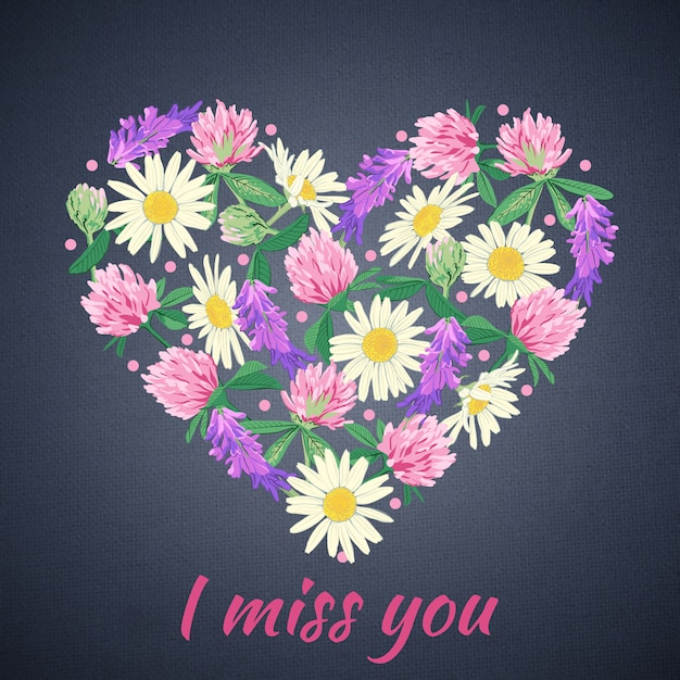 Miss you card with floral heart.