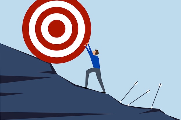 missed target businessman is trying to push dart board up a hill