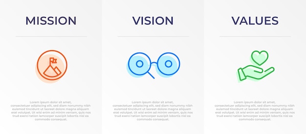 Missie Visie en Waarden Infographic Vector banner sjabloonontwerp 3 stappen infographic