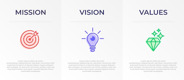 Missie visie en waarden infographic vector template banner ontwerp 3 stappen infographic banner