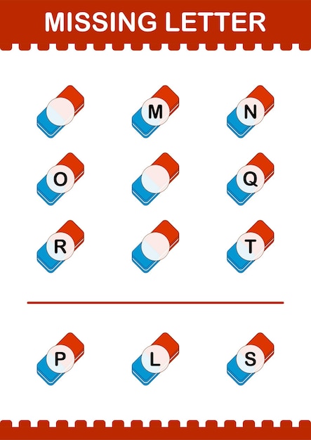 아이들을 위한 지우개 워크시트가 있는 누락된 편지