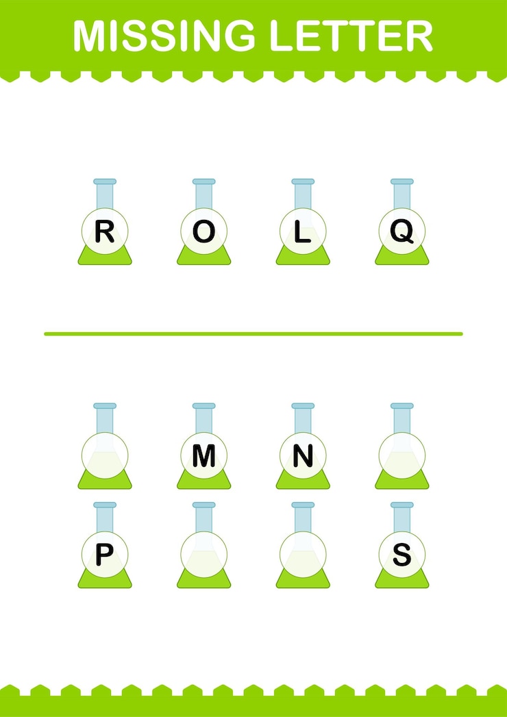 Vector missing letter with erlenmeyer flask worksheet for kids