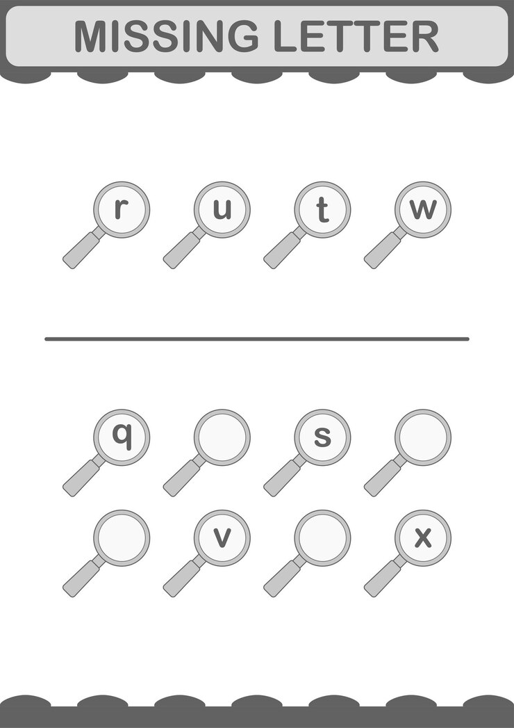 Vector missing letter with magnifying glass worksheet for kids