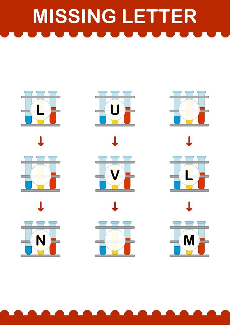 Vector missing letter with test tube worksheet for kids