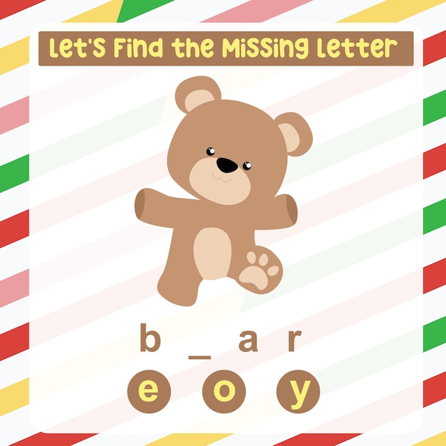 Missing letter worksheet. complete the letters for animal names in english. kids educational game.