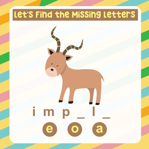 Missing letter worksheet. Complete the letters for animal names in English. Kids educational game.