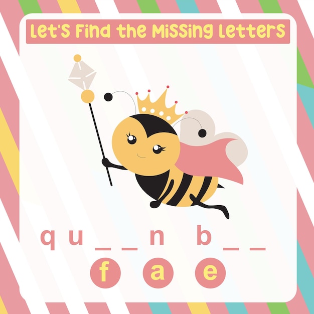 Missing letter worksheet. Complete the letters for animal names in English. Kids educational game.