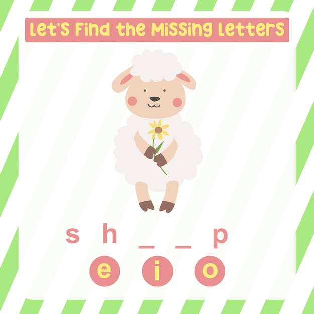 Missing letter worksheet. Complete the letters for animal names in English. Kids educational game.