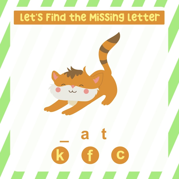 Missing letter worksheet. Complete the letters for animal names in English. Kids educational game.