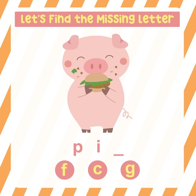 Vector missing letter worksheet. complete the letters for animal names in english. kids educational game.