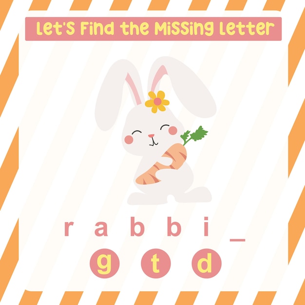 Missing letter worksheet. Complete the letters for animal names in English. Kids educational game.