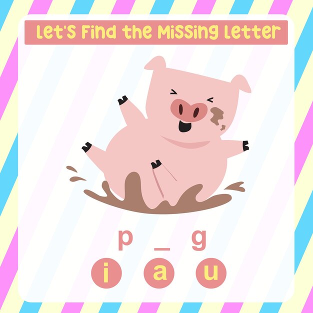 Vector missing letter worksheet. complete the letters for animal names in english. writing practice.