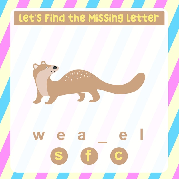 Missing letter worksheet. Complete the letters for animal names in English. Writing practice.