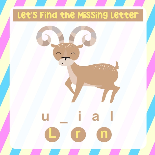 Vector missing letter worksheet. complete the letters for animal names in english. writing practice.