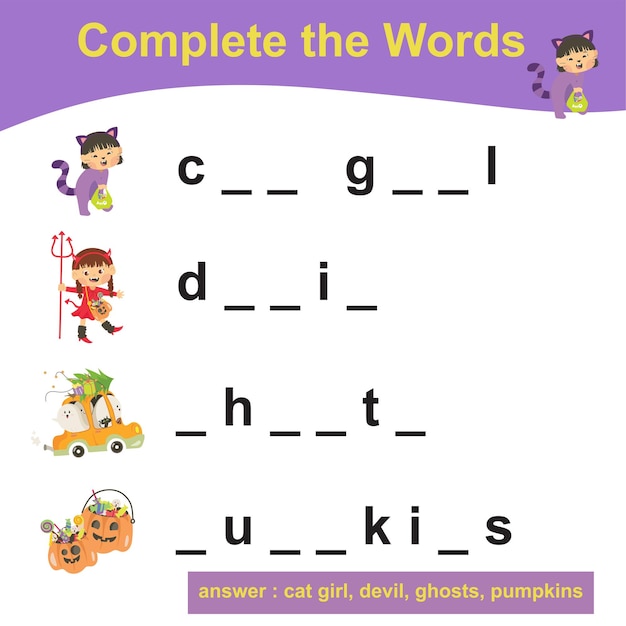 Missing letter worksheet Complete the letters in English Educational activity for children